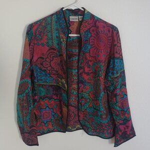 CHICO'S WOMEN'S OPEN FRONT JACKET LONG SLEEVE TEAL RED PAISLEY 100% SILK SMALL